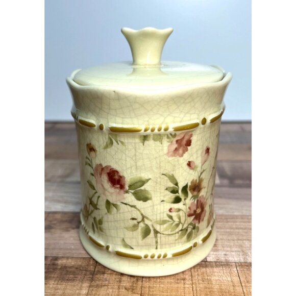 Croscill Home Porcelain Floral Canister With Lid Crackle Glaze 6" Tall Rose Patt - Picture 2 of 6